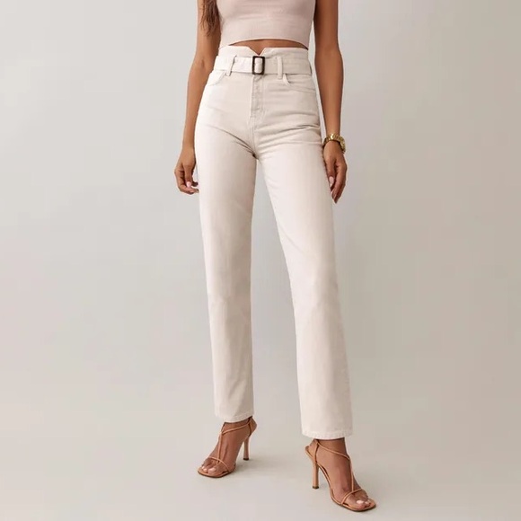 Reformation Denim - NWT Reformation Cynthia Belted High Rise Straight Jeans in Bone Cream Size 25